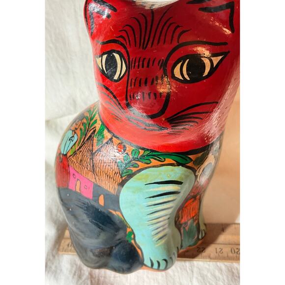 Vintage Mexican Folk Art Colorful Hand Painted Terracotta Cat Ornamental Figure - Picture 7 of 8